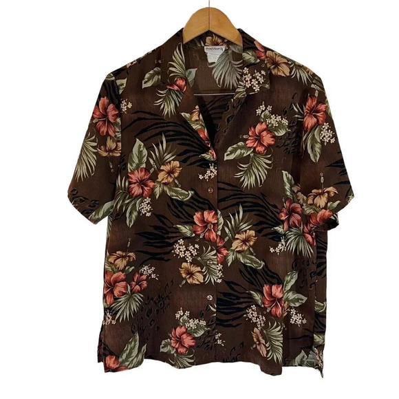 Bonworth Brown Tropical Button Up Shirt Petite Medium Green Leaves Collared Top - Picture 1 of 6